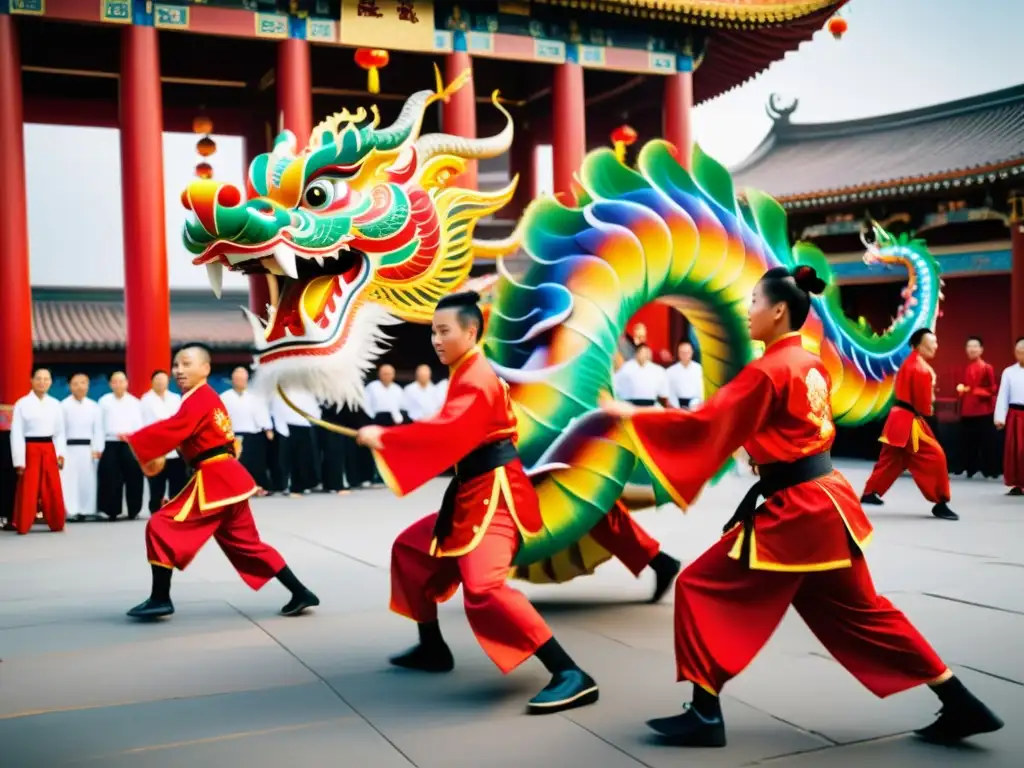 Un grupo de artistas marciales realiza una danza del dragón sincronizada, mostrando el simbolismo en artes marciales chinas con gracia y poder