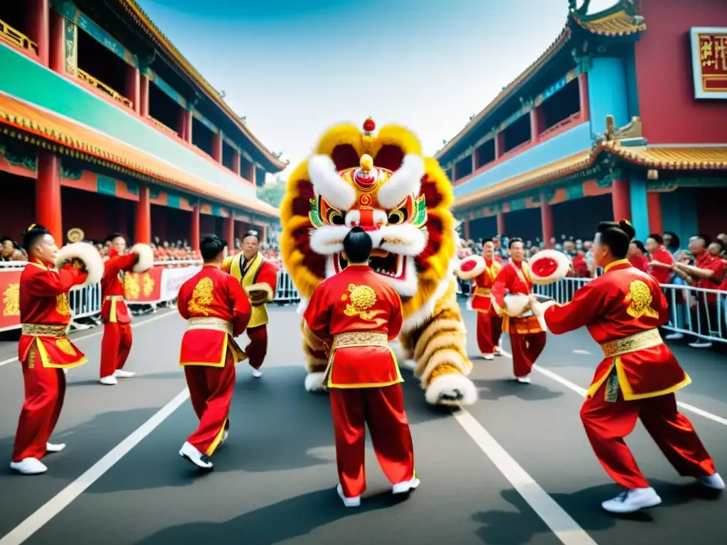 Grupo de artistas marciales realiza la Danza del León, símbolo de fortaleza en artes marciales chinas, en un desfile vibrante y colorido