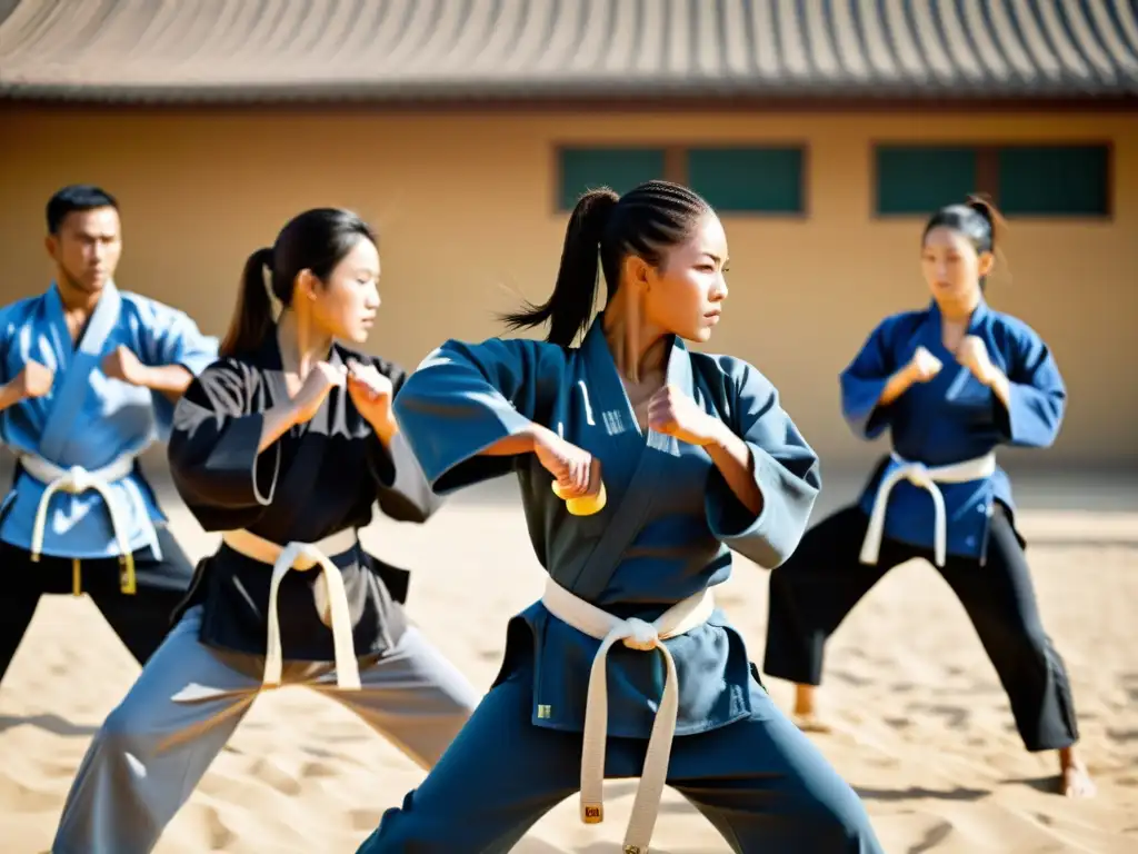 Un grupo de artistas marciales dedicados se ejercita al aire libre con determinación, vistiendo ropa de entrenamiento para artes marciales