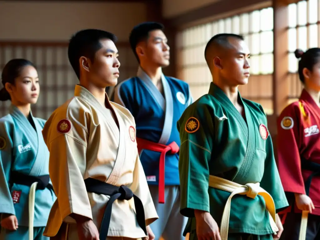 Grupo de artistas marciales en formación, mostrando determinación y disciplina para representar dojo eventos artes marciales