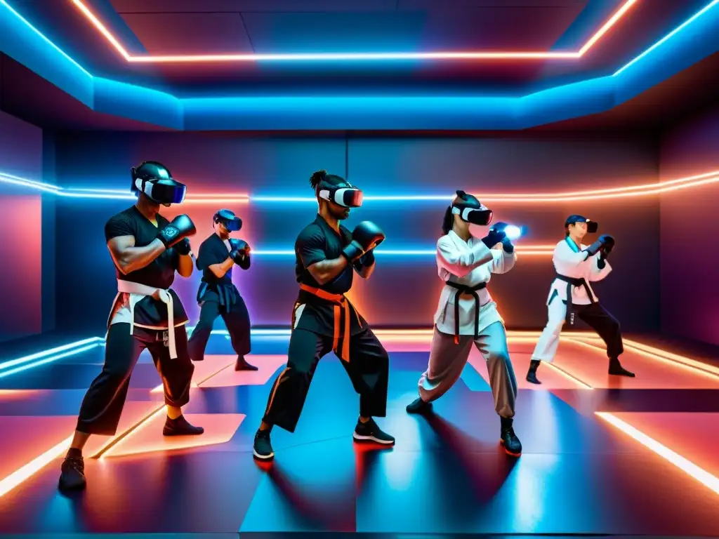 Un grupo de artistas marciales utilizando dispositivos VR para entrenamiento marcial en un dojo virtual futurista con simulaciones holográficas