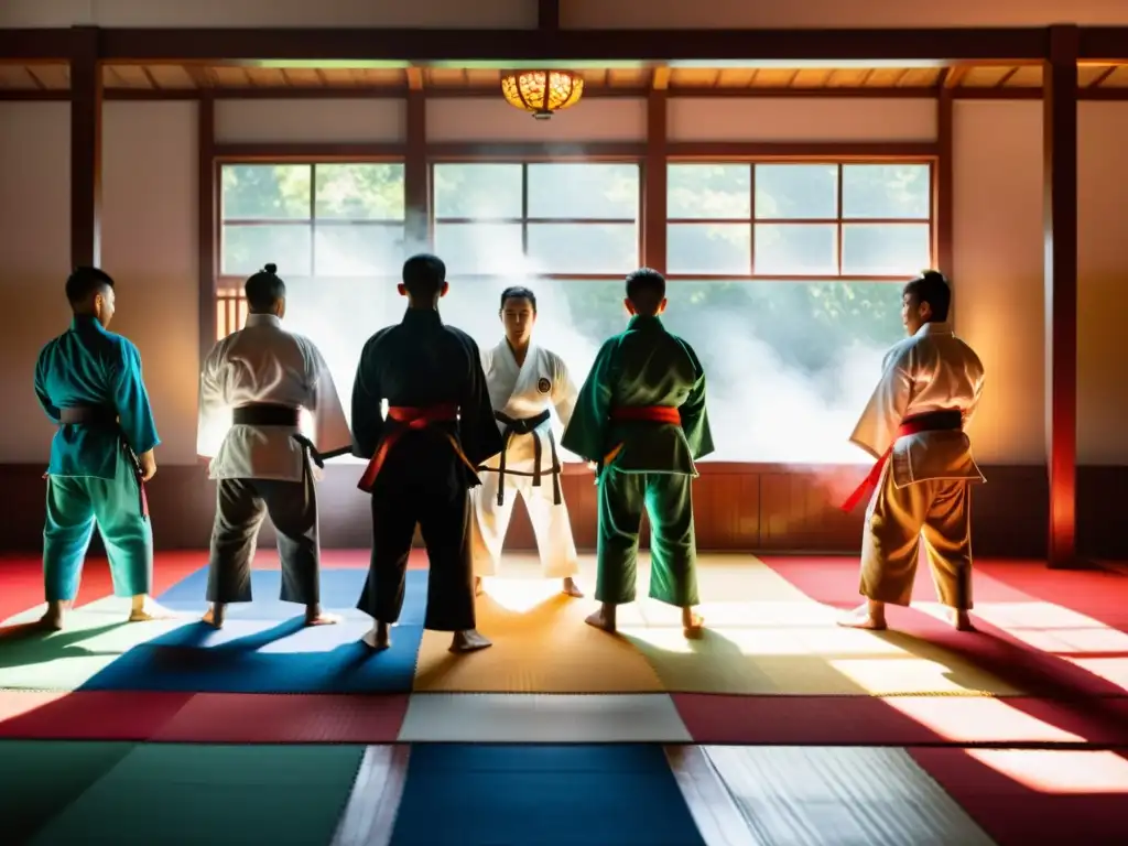 Grupo de artistas marciales en un dojo tradicional, destacando la significancia del color en artes marciales