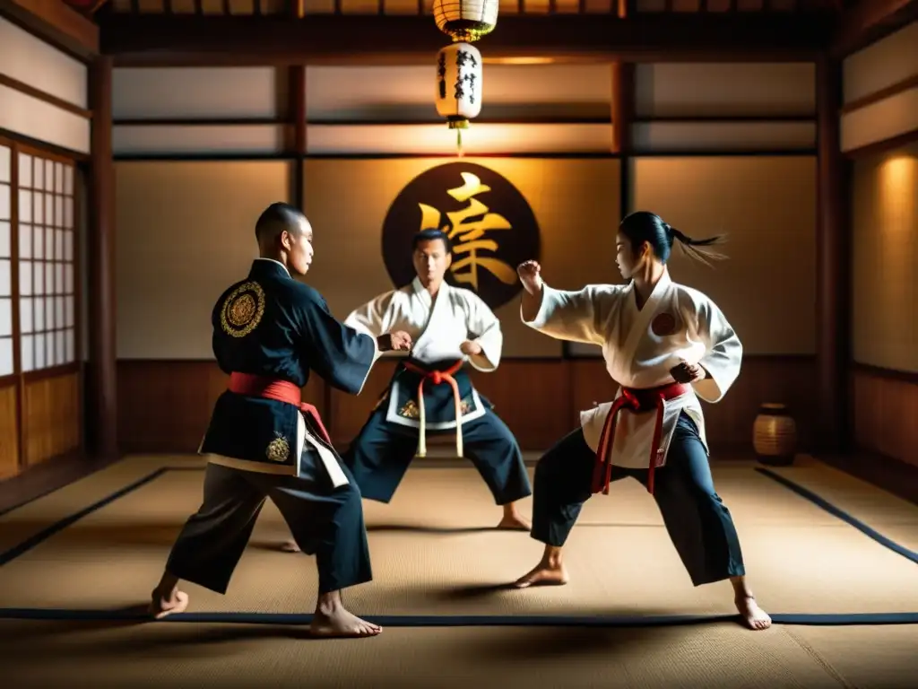 Un grupo de artistas marciales en un dojo antiguo, ejecutando movimientos precisos y poderosos