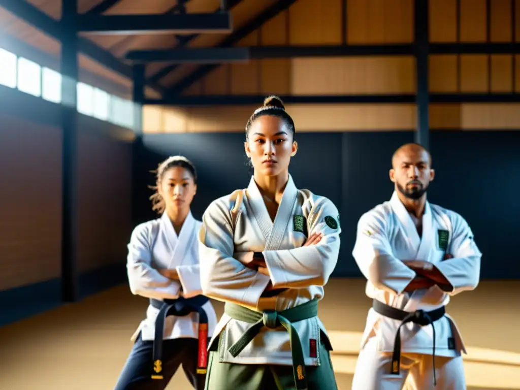 Un grupo de artistas marciales en un dojo iluminado por el sol, luciendo ropa de entrenamiento sostenible