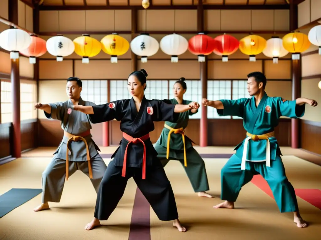 Grupo de artistas marciales en un dojo con uniformes personalizados artes marciales, demostrando movimientos precisos y elegantes