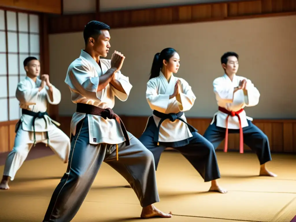 Un grupo de artistas marciales en un dojo, realizando un calentamiento dinámico al sol