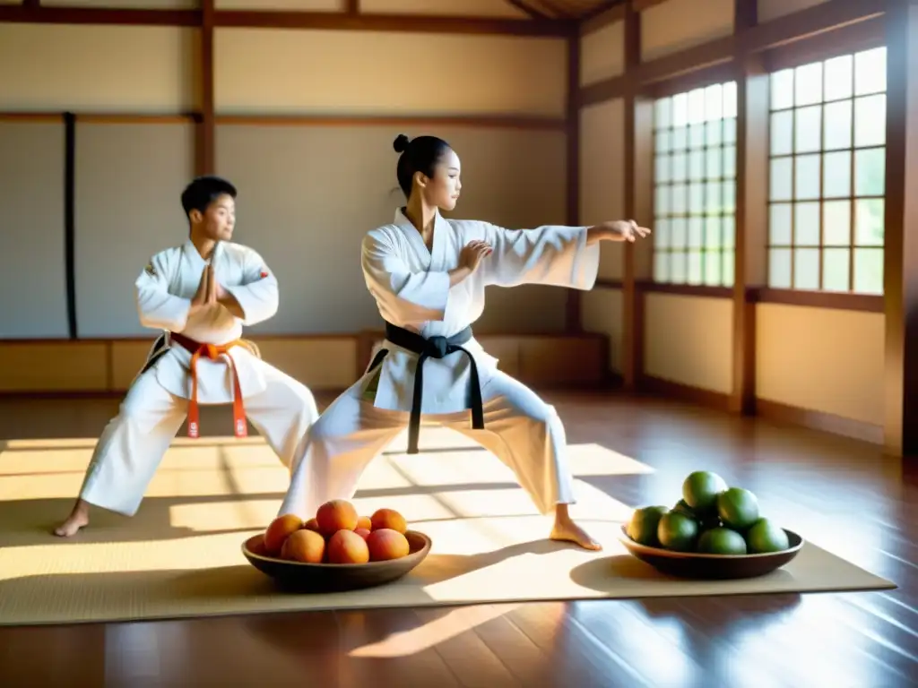 Un grupo de artistas marciales practica en un dojo sereno mientras una mesa muestra alimentos ricos en carbohidratos