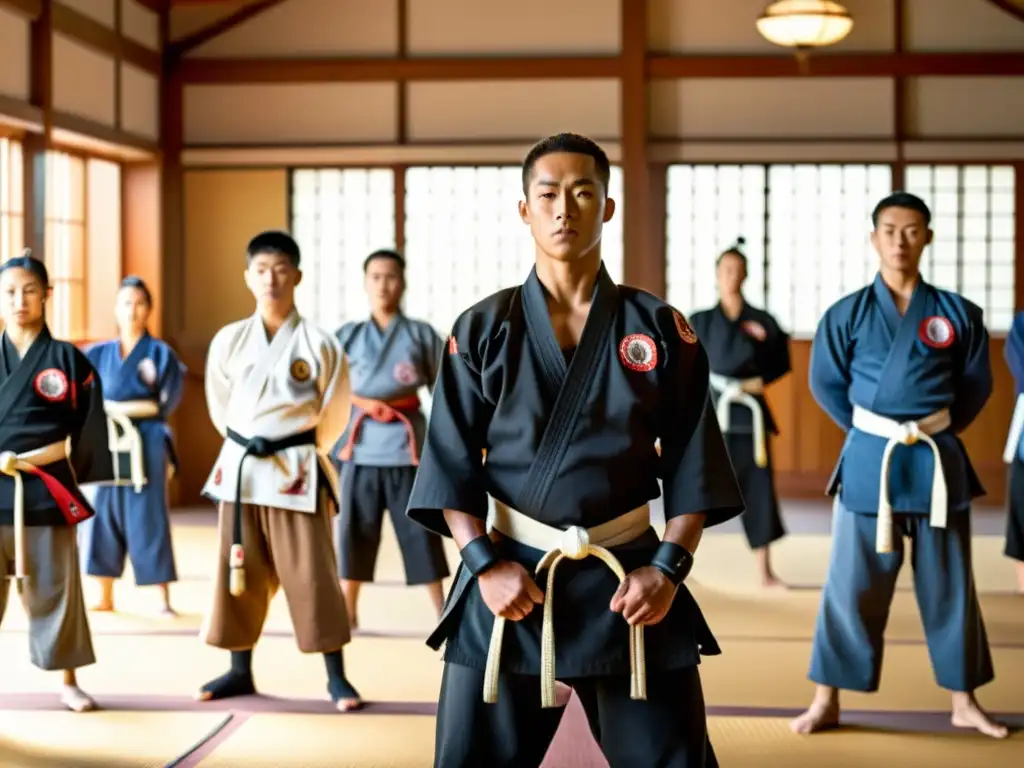 Un grupo de artistas marciales en un dojo iluminado por el sol, practicando con disciplina y camaradería