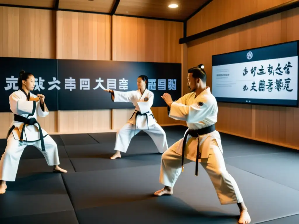 Grupo de artistas marciales practicando en un dojo tecnológico, fusionando tradición y modernidad