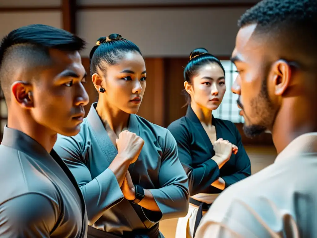 Un grupo de artistas marciales en un dojo sereno, usando rastreadores de fitness, demostrando disciplina y determinación en su entrenamiento