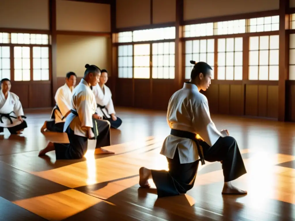 Grupo de artistas marciales en un dojo soleado, mostrando respeto y preparación para eventos de artes marciales en vivo