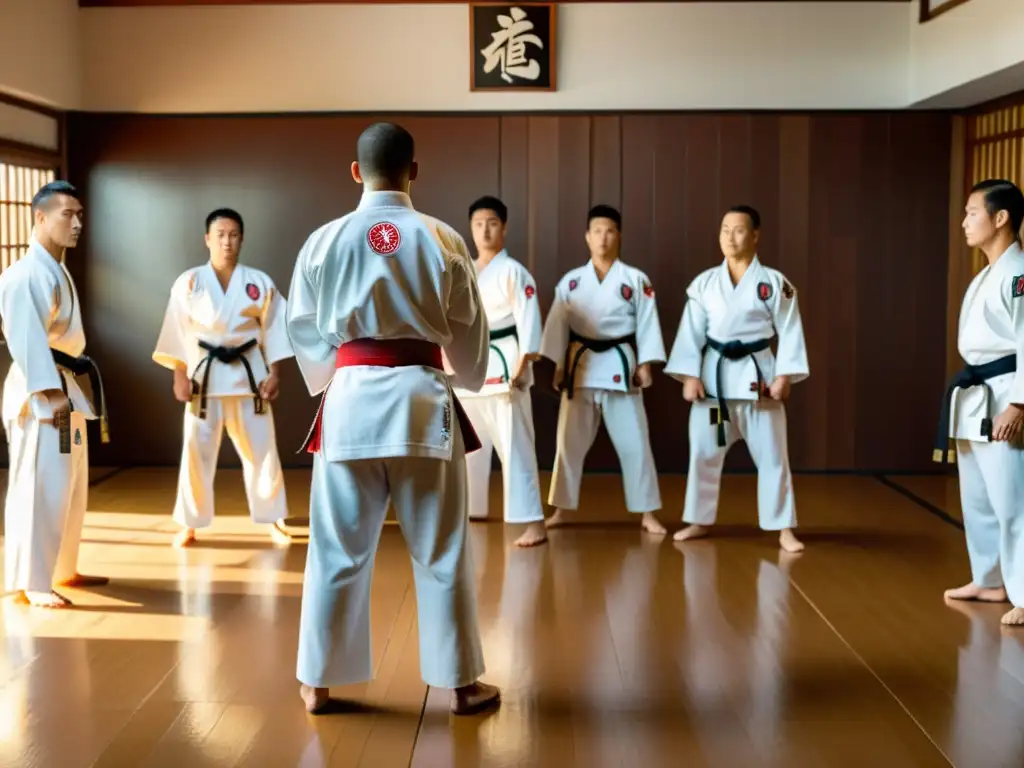 Un grupo de artistas marciales en un dojo, practicando técnicas de artes marciales bajo la luz del sol