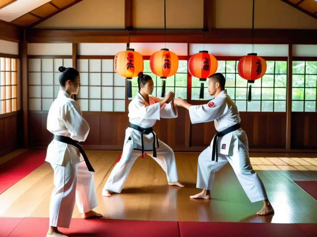 Grupo de artistas marciales en un dojo tradicional, representando disciplina y maestría en eventos de artes marciales