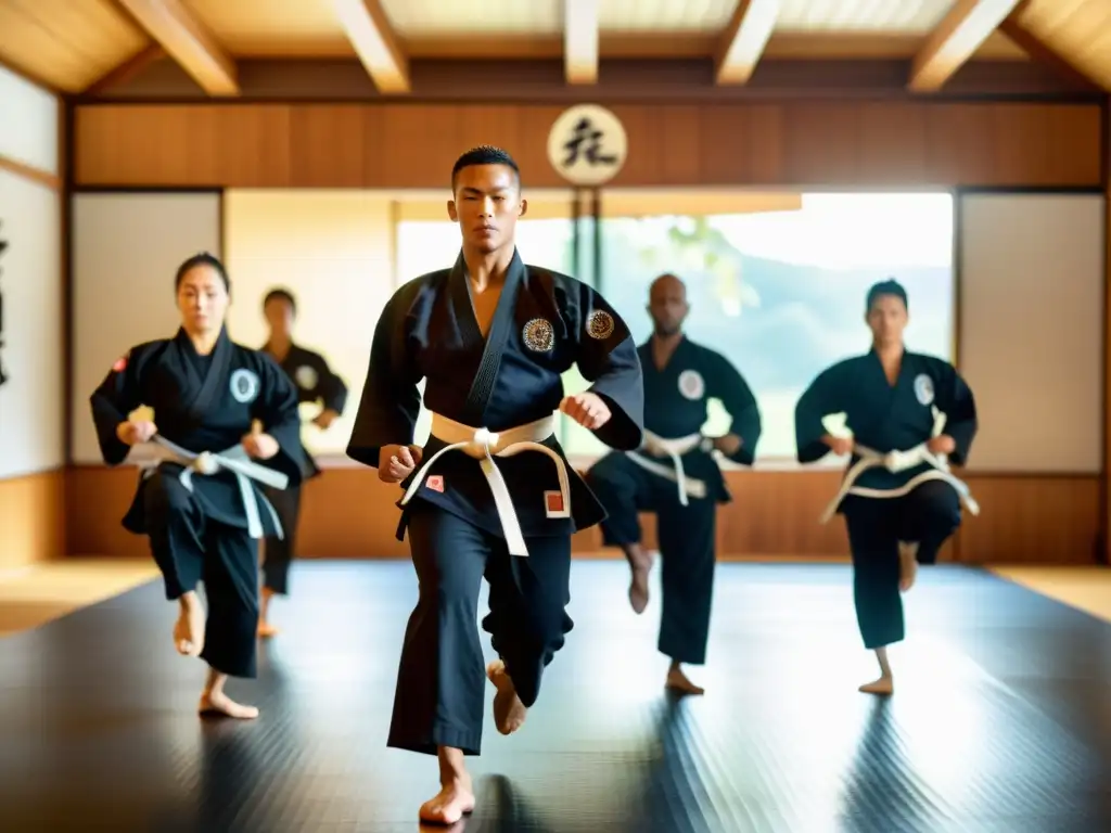 Un grupo de artistas marciales en un dojo iluminado por el sol, practicando con enfoque y disciplina