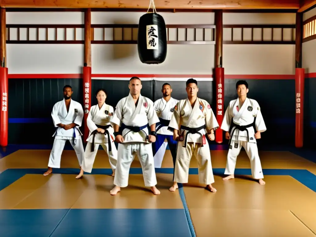 Un grupo de artistas marciales en un dojo, cada uno mostrando su estilo de entrenamiento