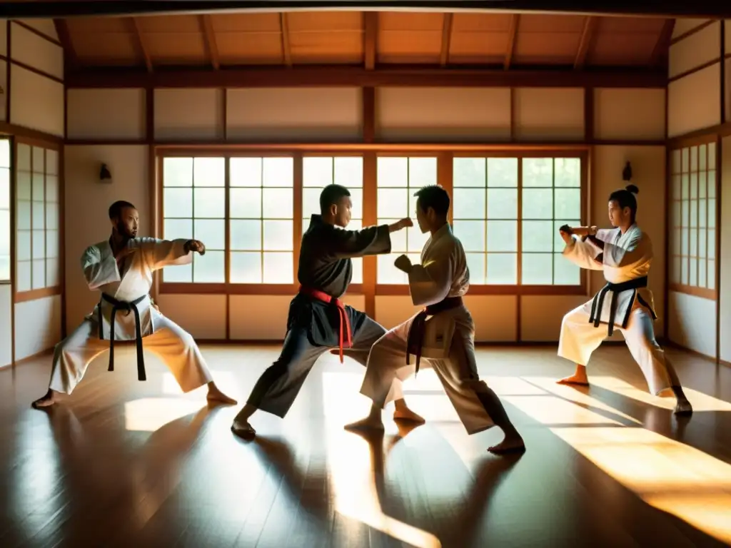 Un grupo de artistas marciales se entrena con precisión en un dojo tradicional, mientras la luz de la tarde ilumina el ambiente