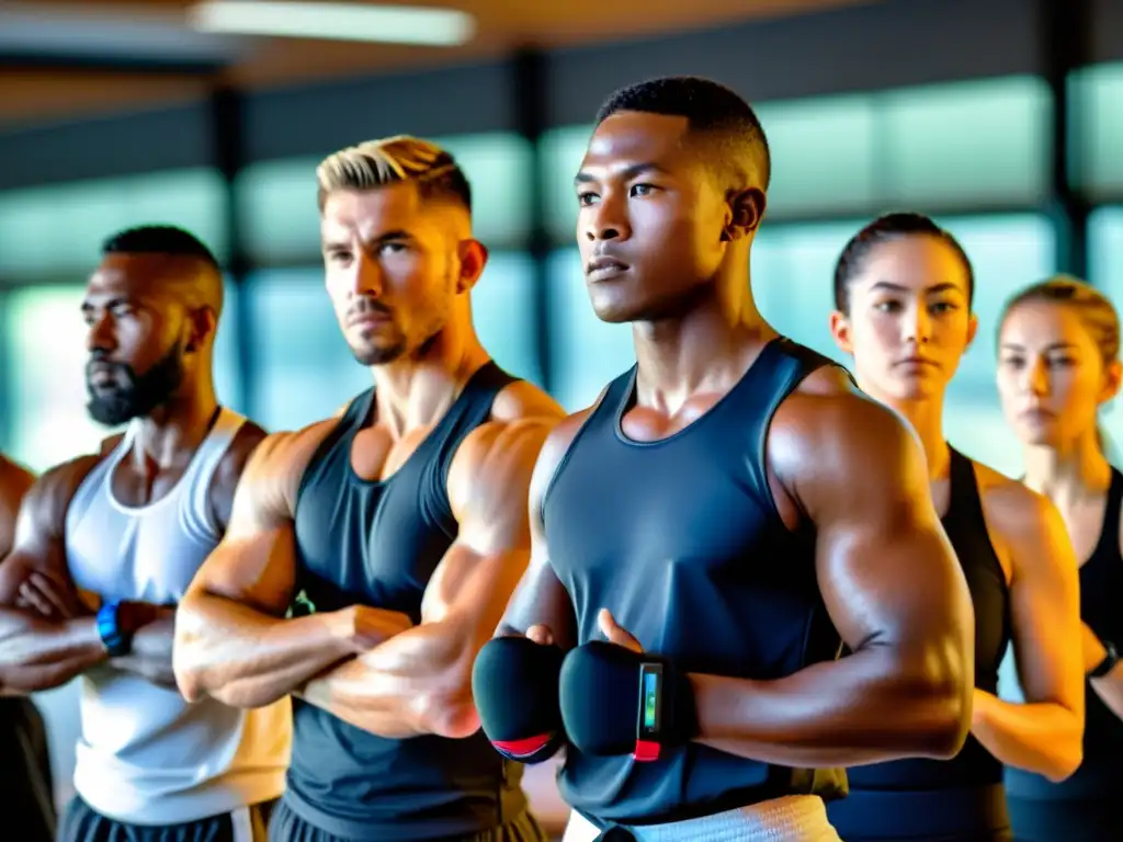 Un grupo de artistas marciales con wearables para entrenamiento marcial, concentrados en ejercicios en un dojo