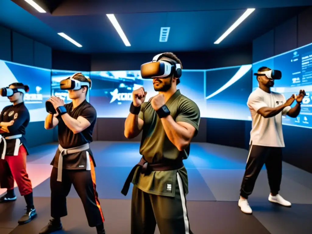 Grupo de artistas marciales realizando entrenamiento marcial en realidad virtual, fusionando tradición con tecnología de vanguardia