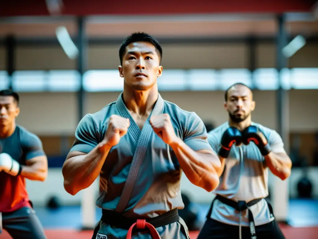 Grupo de artistas marciales con determinación en entrenamiento en circuito para artes marciales, mostrando fuerza y dedicación en el dojo