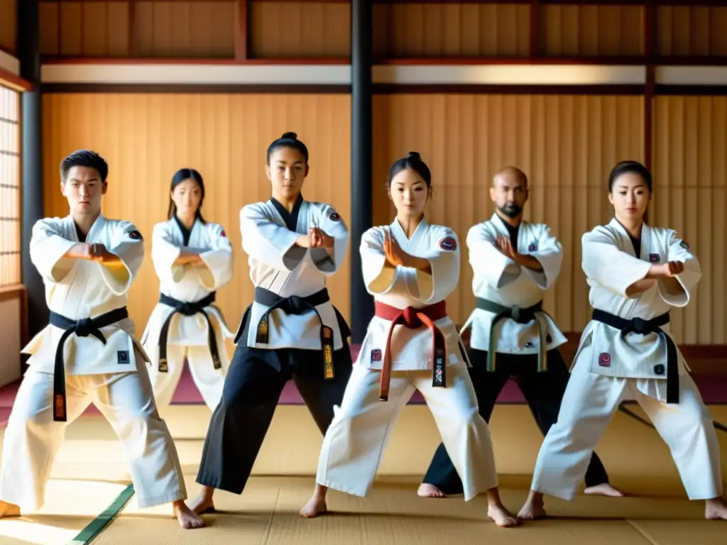 Un grupo de artistas marciales expertos realizando una kata sincronizada en un dojo sereno con luz solar