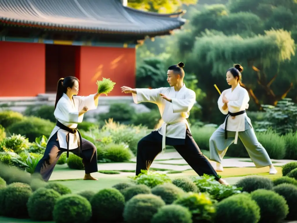 Un grupo de artistas marciales entrenando en un exuberante jardín de hierbas, rodeados de vegetación vibrante y arquitectura china tradicional