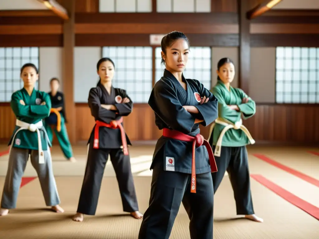 Un grupo de artistas marciales femeninas practican con determinación en un dojo, mostrando fuerza y concentración