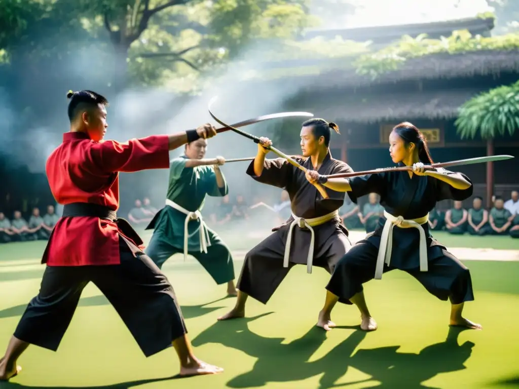 Demostración de Artes Marciales Filipinas: Destreza y Tradición Un grupo de artistas marciales filipinos ejecutan demostraciones tradicionales al aire libre con habilidad y precisión