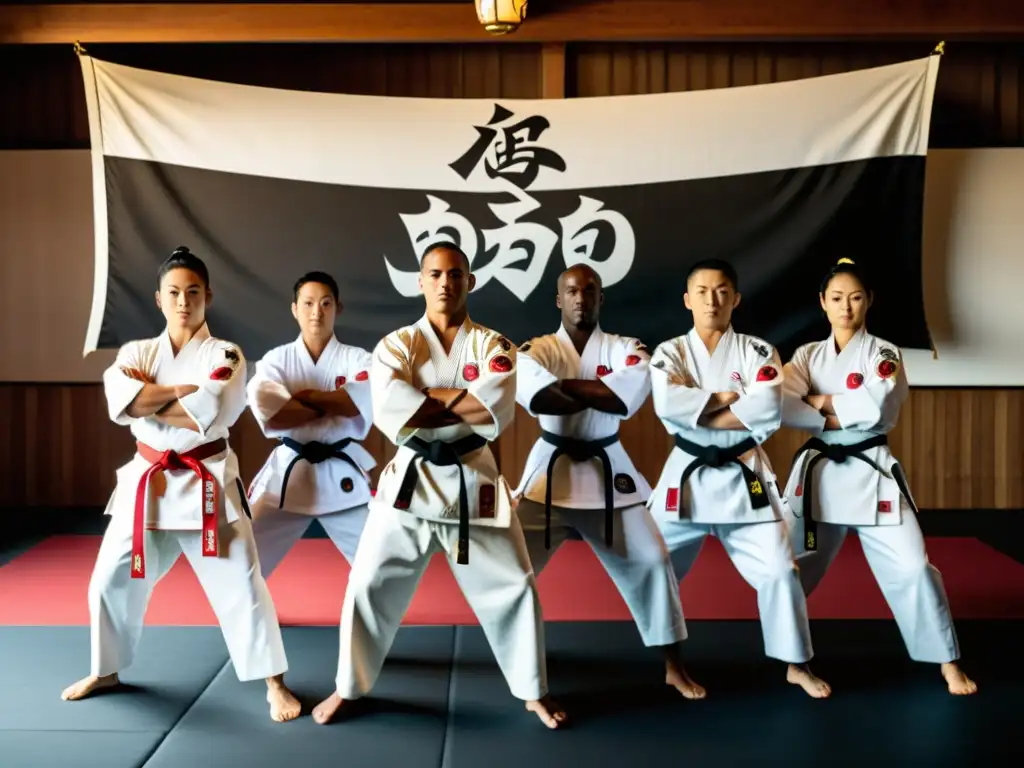 Un grupo de artistas marciales en formación, con uniformes blancos tradicionales y el estandarte del dojo al fondo