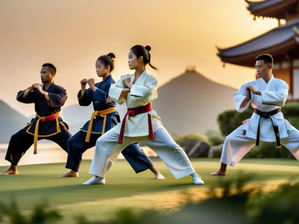 Grupo de artistas marciales practicando formas al amanecer con wearables para entrenamiento marcial, combinando tradición e innovación