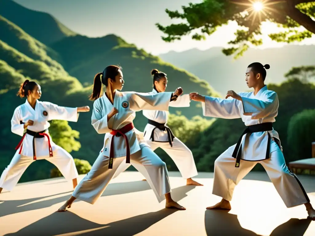 Un grupo de artistas marciales practicando formas tradicionales de Taekwondo al aire libre, mostrando la gracia y poder del arte marcial