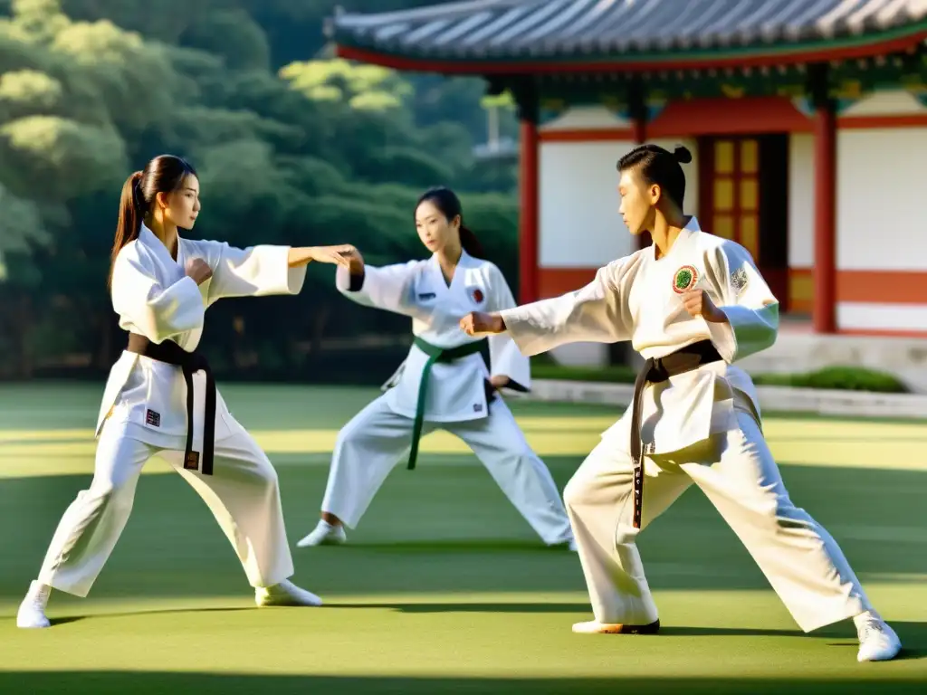 Grupo de artistas marciales ejecutando formas de Taekwondo en un entorno natural, mostrando la disciplina y gracia del arte marcial