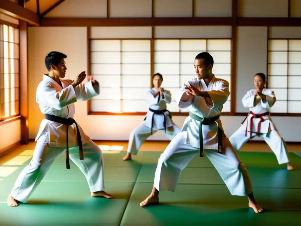 Un grupo de artistas marciales ejecuta con gracia y precisión katas de Wadoryu en un dojo sereno, reflejando la armonía del movimiento Wadoryu