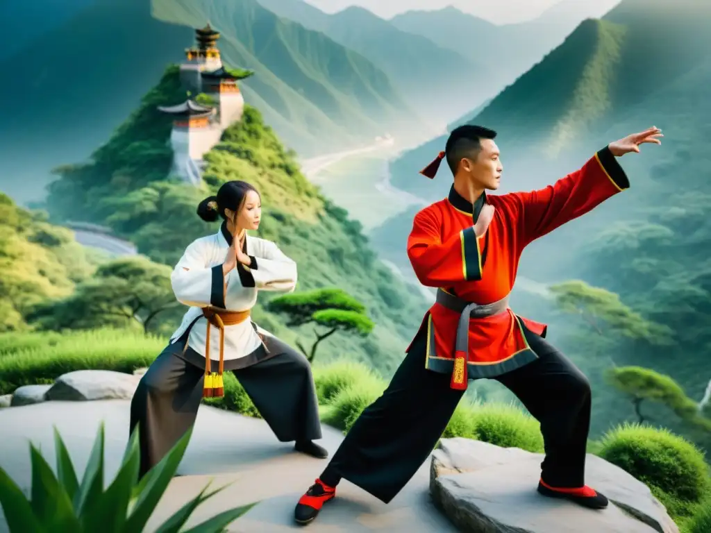 Grupo de artistas marciales practicando Kung Fu en la montaña, mostrando la historia, trajes Kung Fu y funcionalidad