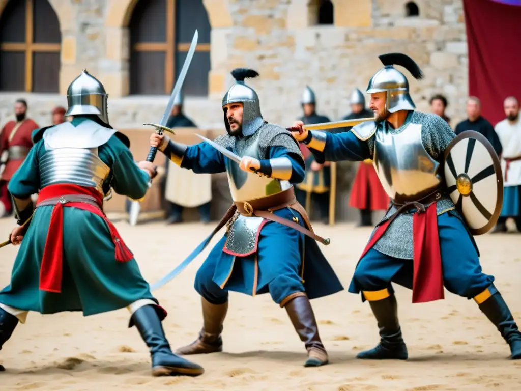 Grupo de artistas marciales históricos europeos demostrando la unificación de estilos de lucha en un combate dinámico en un castillo medieval