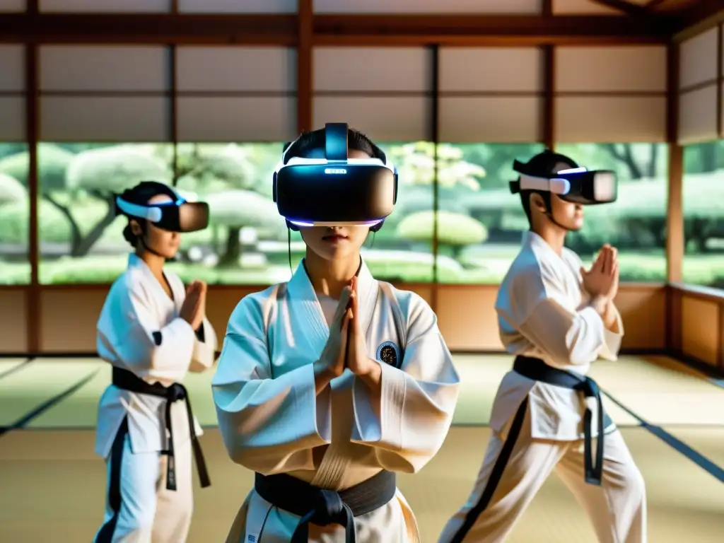 Un grupo de artistas marciales inmersos en la realidad virtual, practicando movimientos en un dojo digital