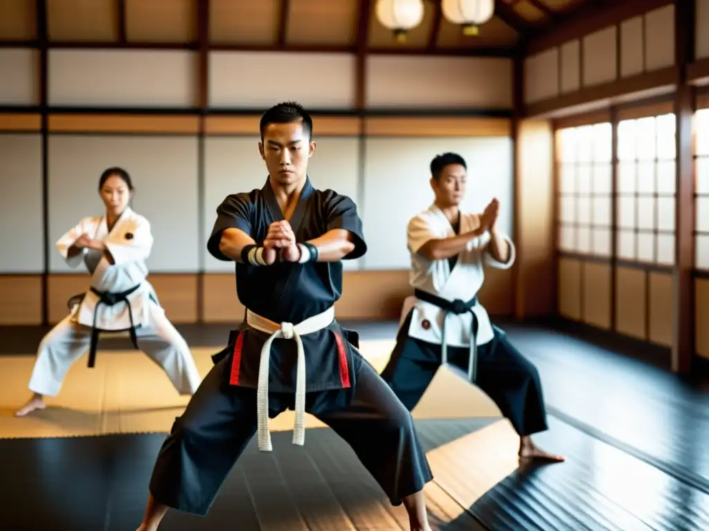 Grupo de artistas marciales entrenando con intensidad en un dojo tradicional