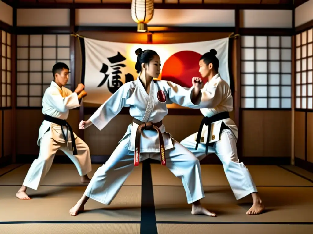 Un grupo de artistas marciales en intenso entrenamiento en un dojo tradicional japonés, mostrando movimientos fluidos y precisos