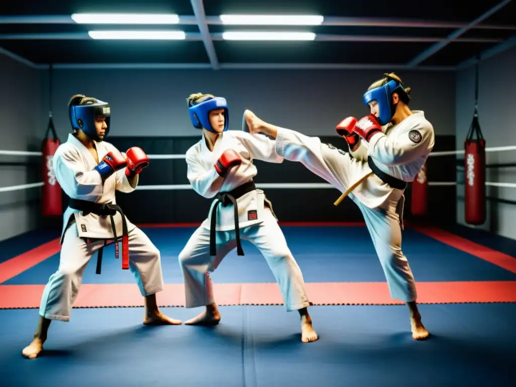 Grupo de artistas marciales en intenso entrenamiento, reflejando las tendencias en ropa para artes marciales en un escenario innovador y dinámico