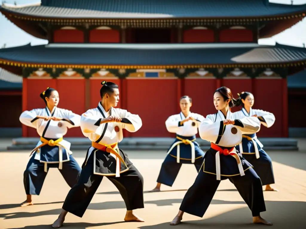 Katas de artes marciales: gracia y poder en movimiento Un grupo de artistas marciales ejecutan un kata sincronizado en un patio soleado, mostrando gracia y poder