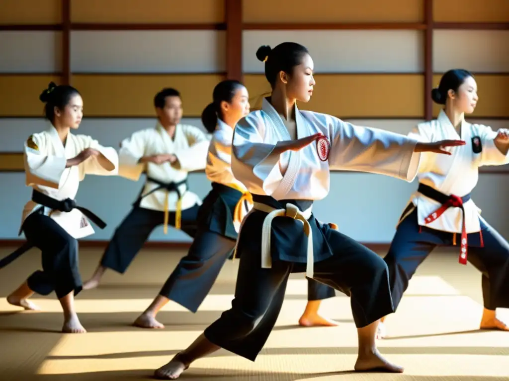 Un grupo de artistas marciales realiza una kata sincronizada en un dojo iluminado por el sol, mostrando la gracia y disciplina de las artes marciales