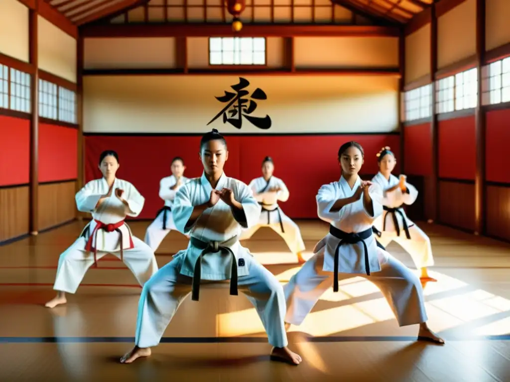 Grupo de artistas marciales ejecutando una kata sincronizada en un dojo amplio y soleado, transmitiendo disciplina y destreza