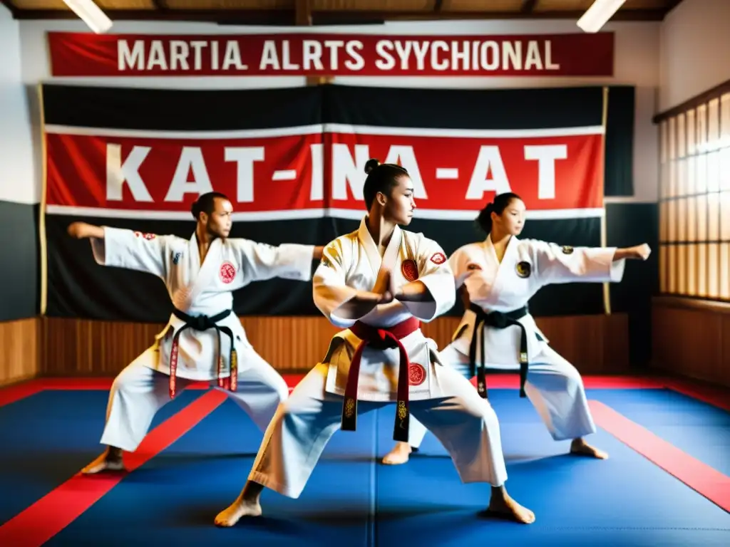 Un grupo de artistas marciales ejecutan una kata sincronizada en un dojo iluminado, transmitiendo concentración y habilidad