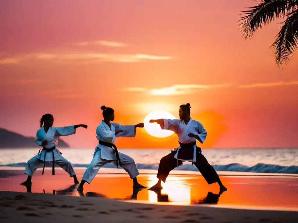 Grupo de artistas marciales ejecutando un kata de karate en la playa al atardecer, reflejando la serenidad del cielo con tonos naranjas y rosados