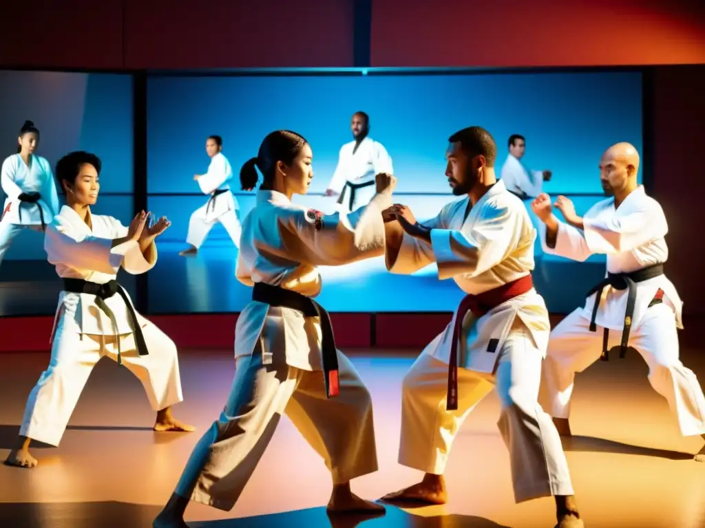 Un grupo de artistas marciales practican katas en un dojo virtual, fusionando el karate tradicional con la tecnología