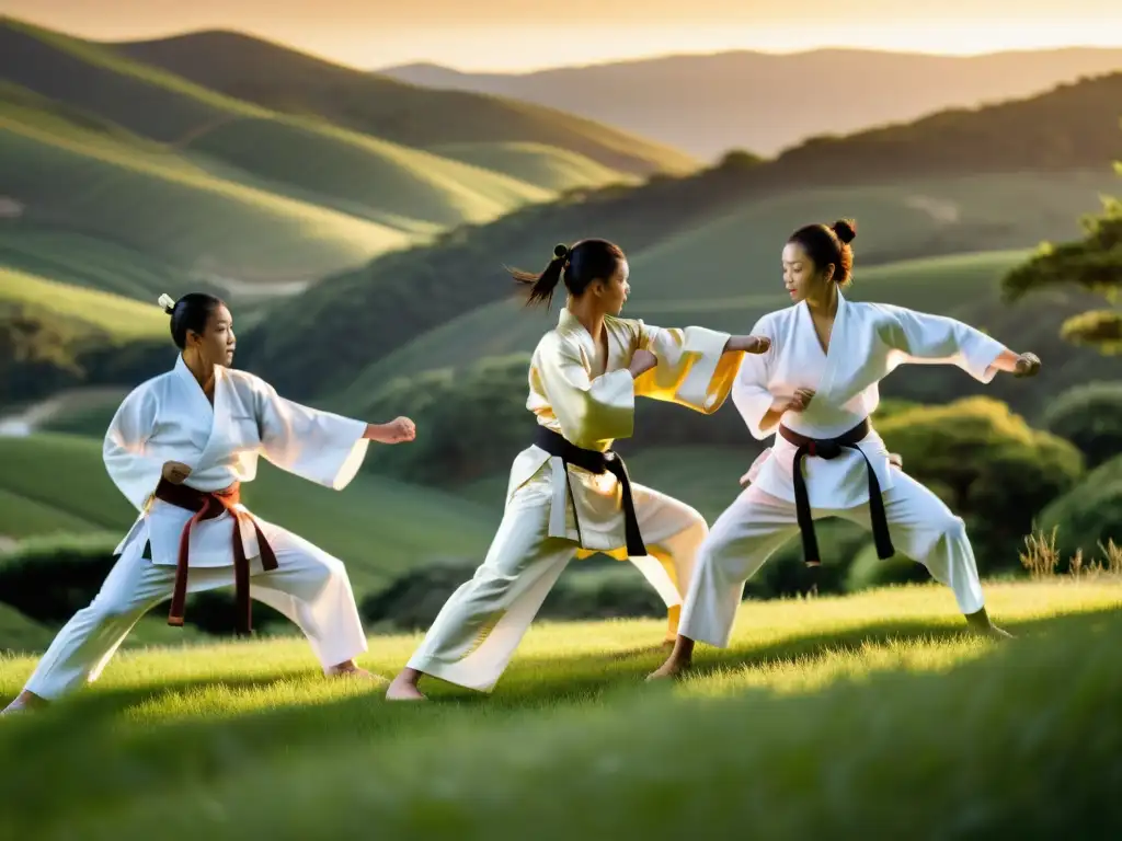 Un grupo de artistas marciales vistiendo kimonos blancos practican al atardecer en un entorno natural