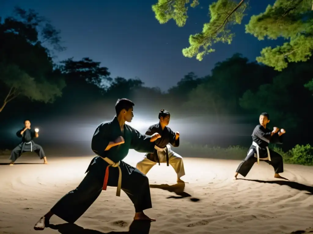 Un grupo de artistas marciales practica con determinación bajo la luz de la luna en un misterioso entrenamiento de artes marciales visión nocturna