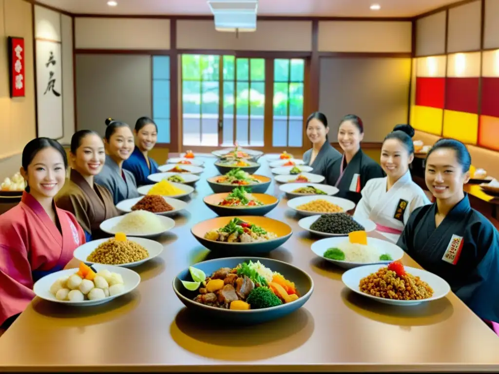 Un grupo de artistas marciales se reúnen alrededor de una mesa llena de platos coloridos y nutritivos, cada uno representando una disciplina diferente