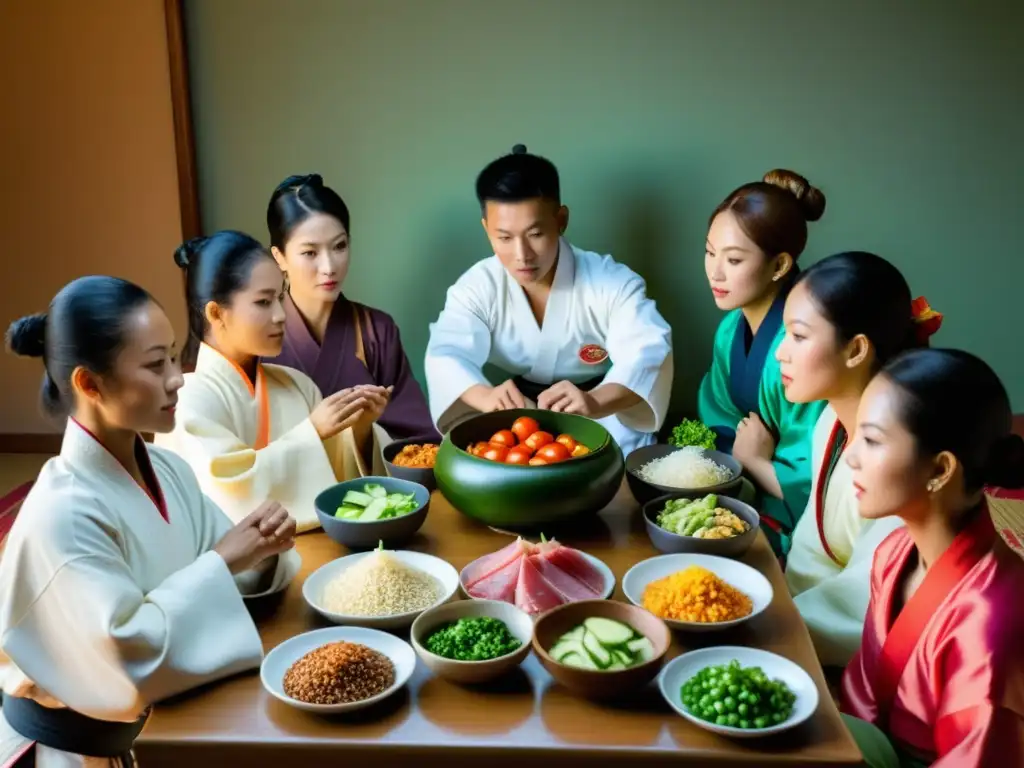 Un grupo de artistas marciales se reúne alrededor de una mesa baja llena de platos coloridos y nutritivos