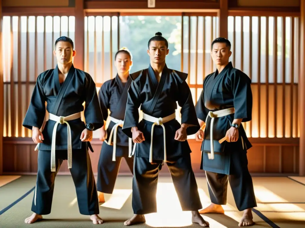 Grupo de artistas marciales modernos en un dojo tradicional, vistiendo ropa de entrenamiento de samurái moderna