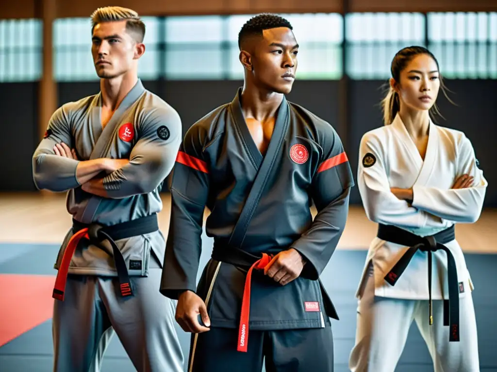 Un grupo de artistas marciales modernos practicando con ropa de entrenamiento de samurái moderna en un ambiente minimalista